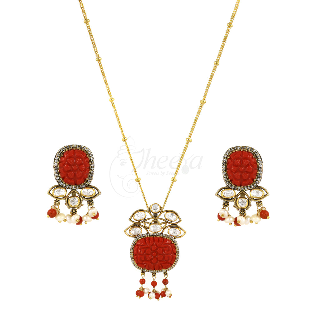 Coral Carved Moissanite Pendant set image 0