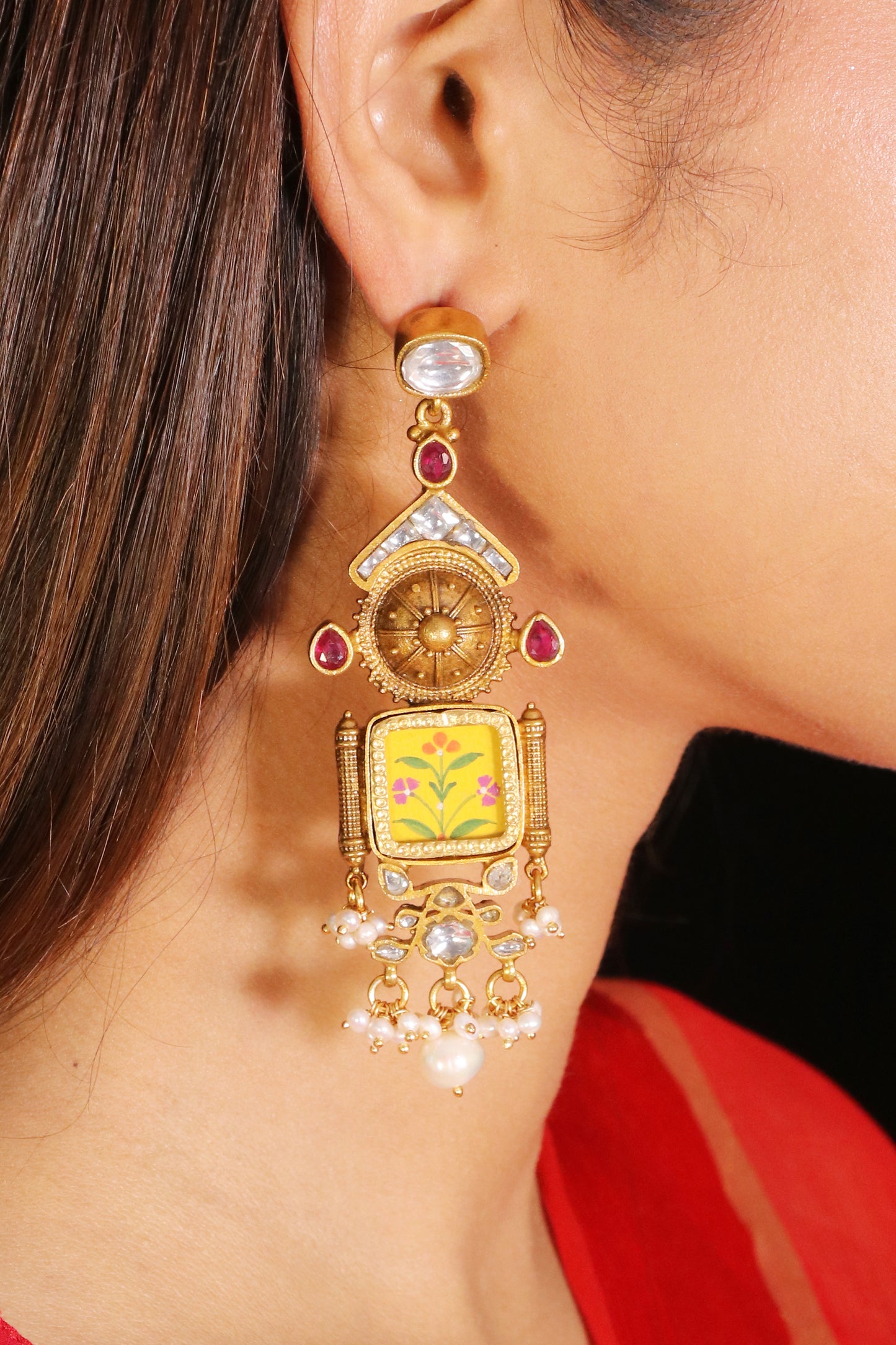 Meheriya Yellow handpainted Earrings with kundan image 1