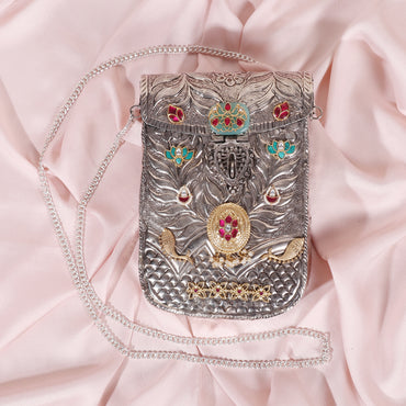 Cell Phone Silver tone bag with chain and fish motif image 1