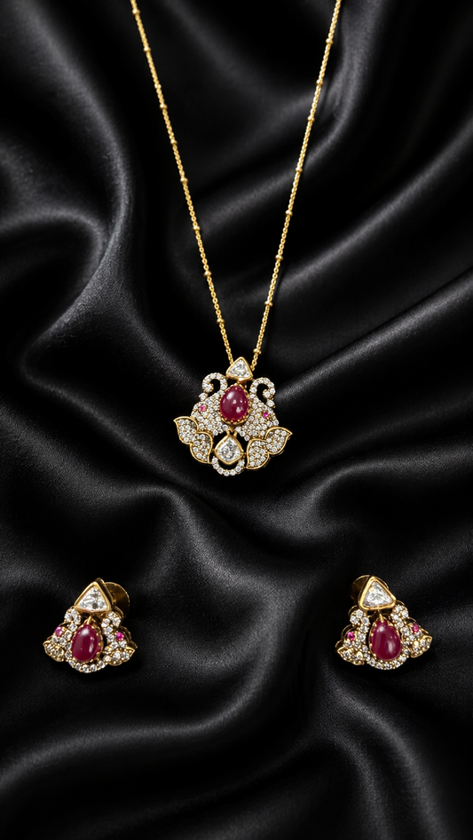 Mahal Red Stone Moissanite Pendant Set