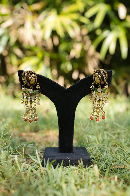 Sringaar Peacock stud green and coral earrings image 0