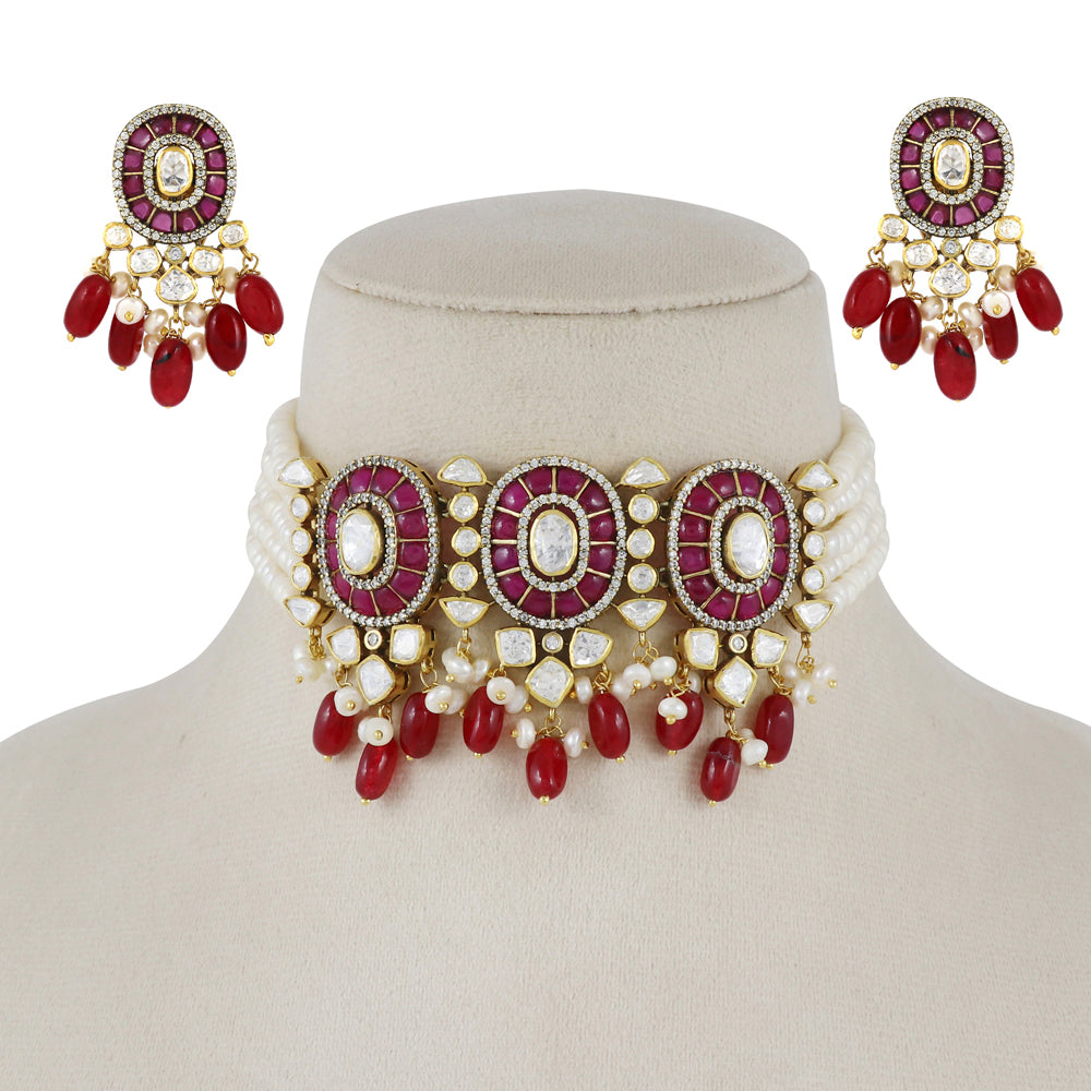 Jadau Kundan Choker Set with Moissanite and Pearls image 0
