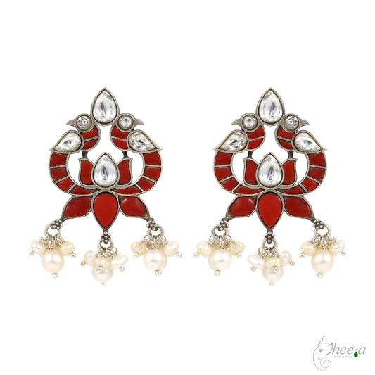 Coral and Pearls Bird Earrings image 0
