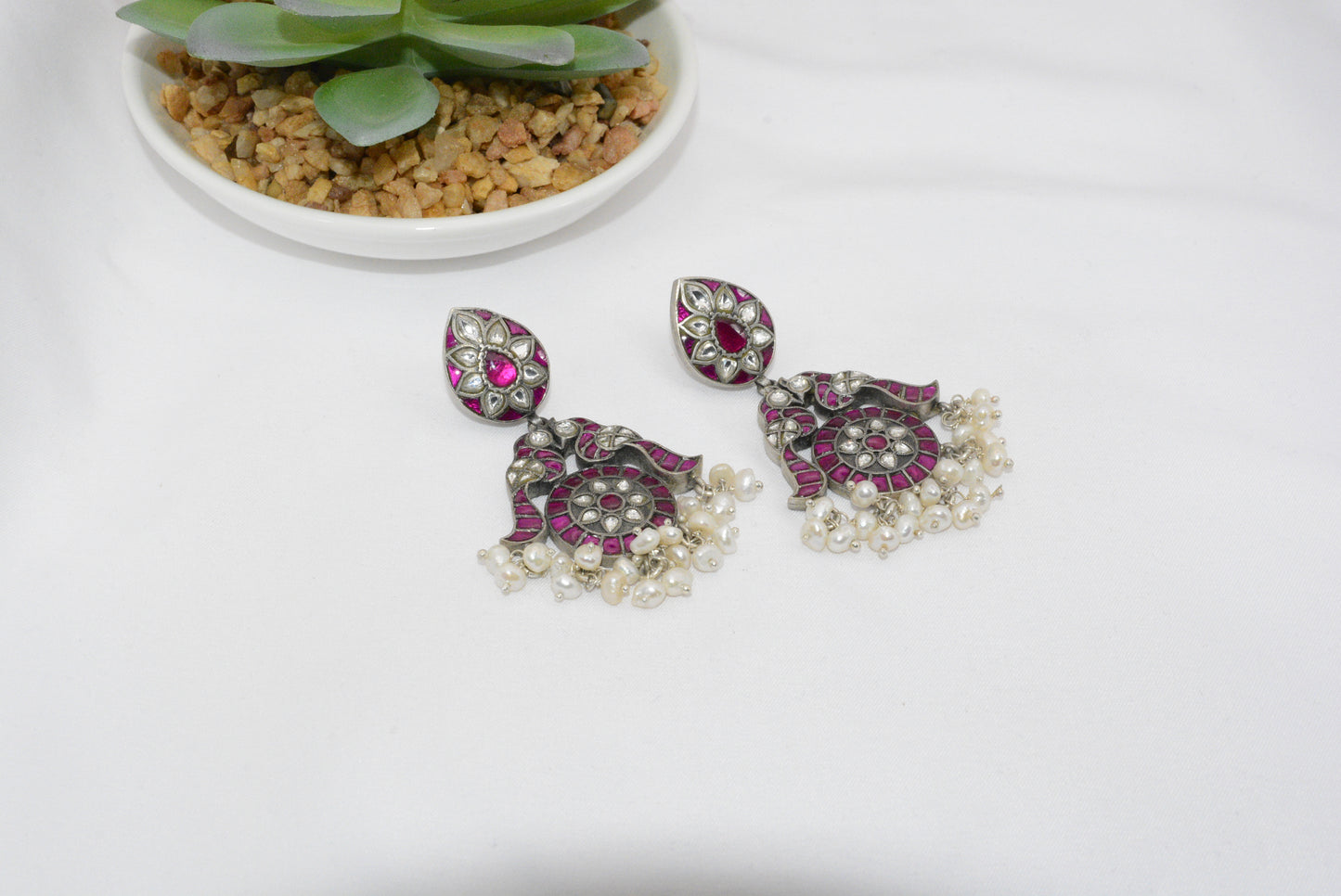 Silver Filigree Chandelier Earrings with Pink Gemstones and Pearl Accents image 0