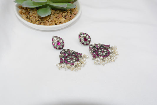 Silver Filigree Chandelier Earrings with Pink Gemstones and Pearl Accents image 0