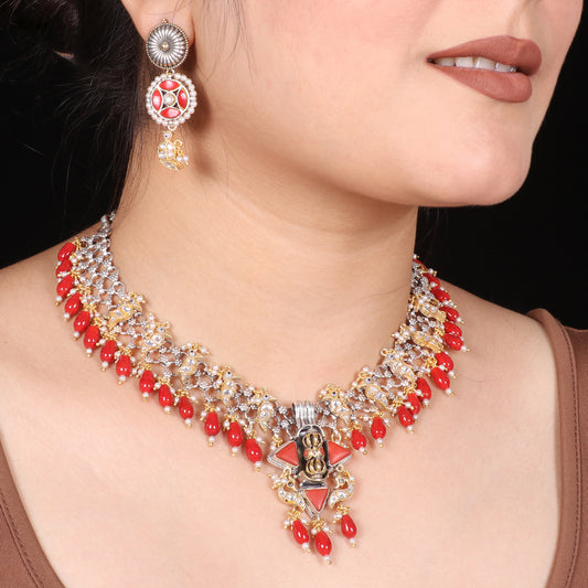 Fusion Coral drop necklace with Kundan birds image 0
