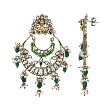 White Kundan Chandbaali with Green Beads image 1