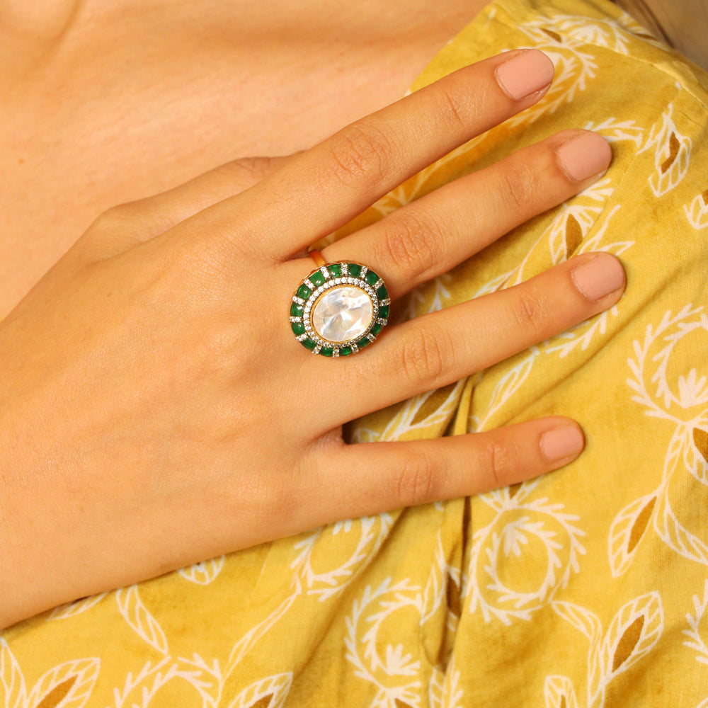 Big Moissanite with Green Kundan Ring image 0