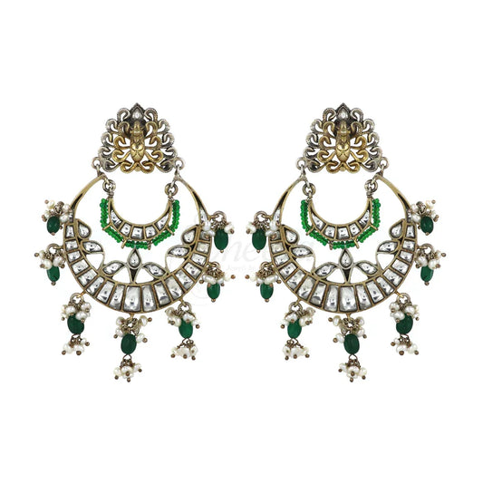 White Kundan Chandbaali with Green Beads image 0