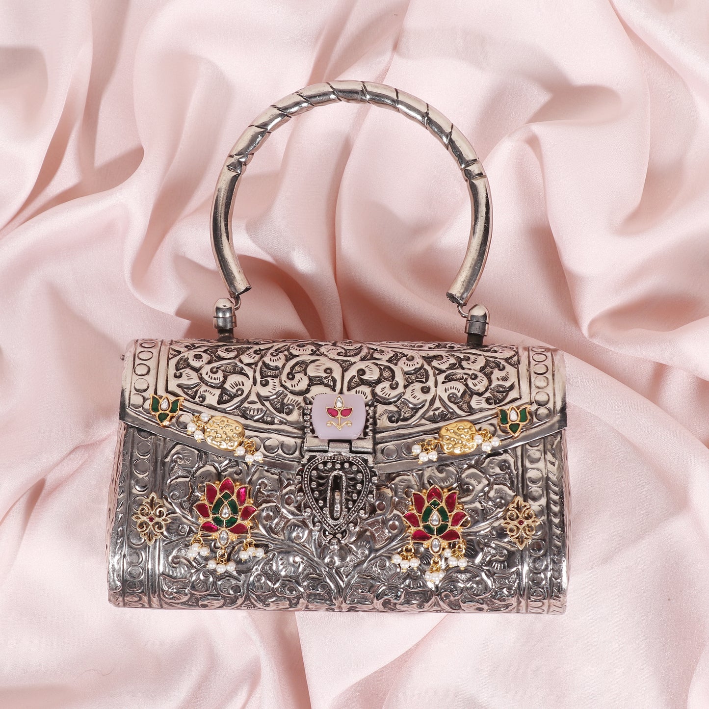 Silver Finish bag with Rose quartz image 1