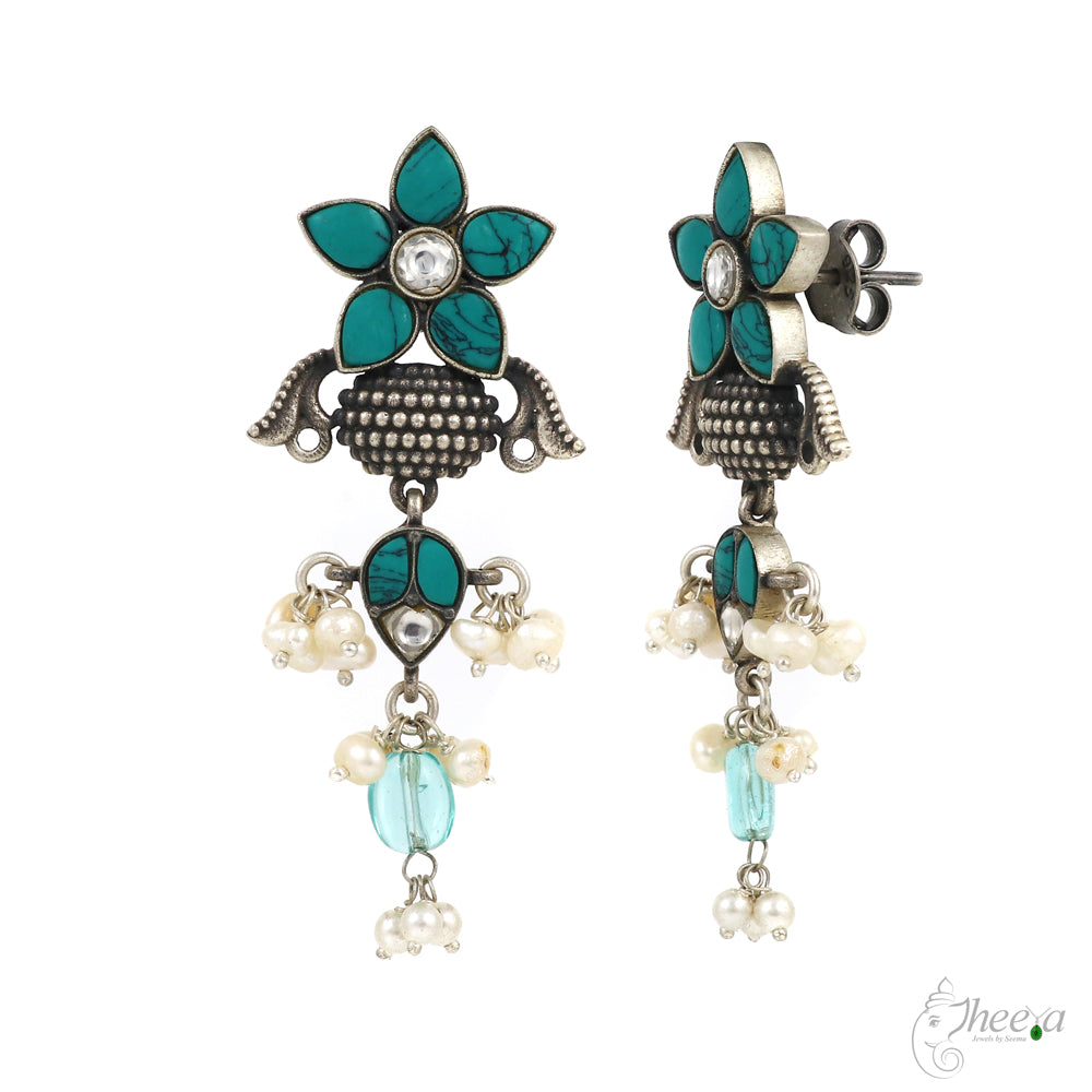 Turquoise with Pearls Dangling Earrings image 2