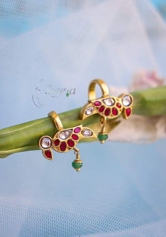 Red Jadao kundan bird with green drop Bugadi
