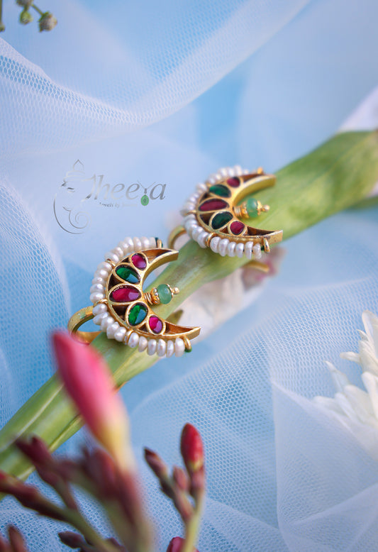 Multi color half moon bugadi with green bead