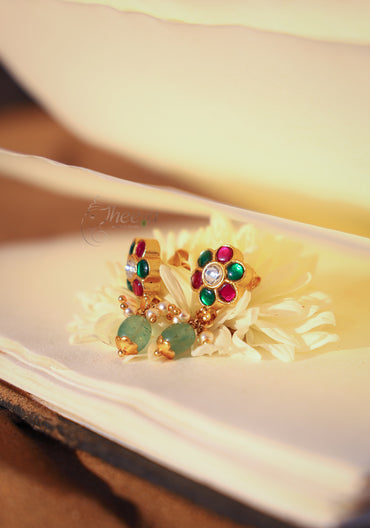 Red green stud with green bead drop