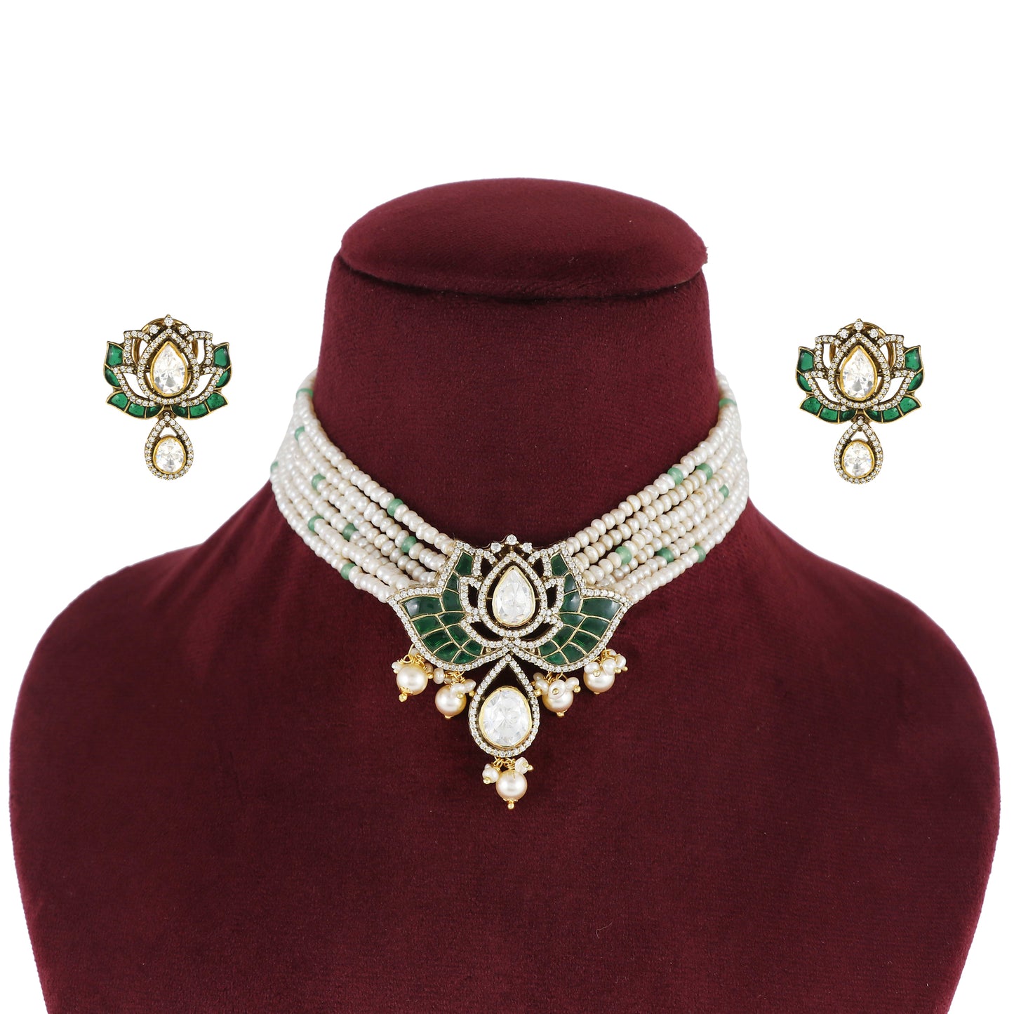 Green Lotus Moissanite and Kundan Choker set