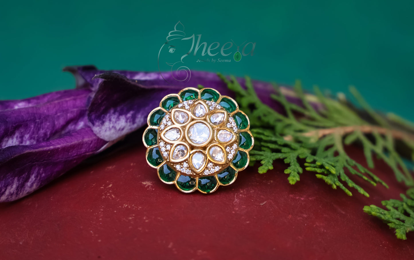 Riwaayat Green kundan with white flower stud