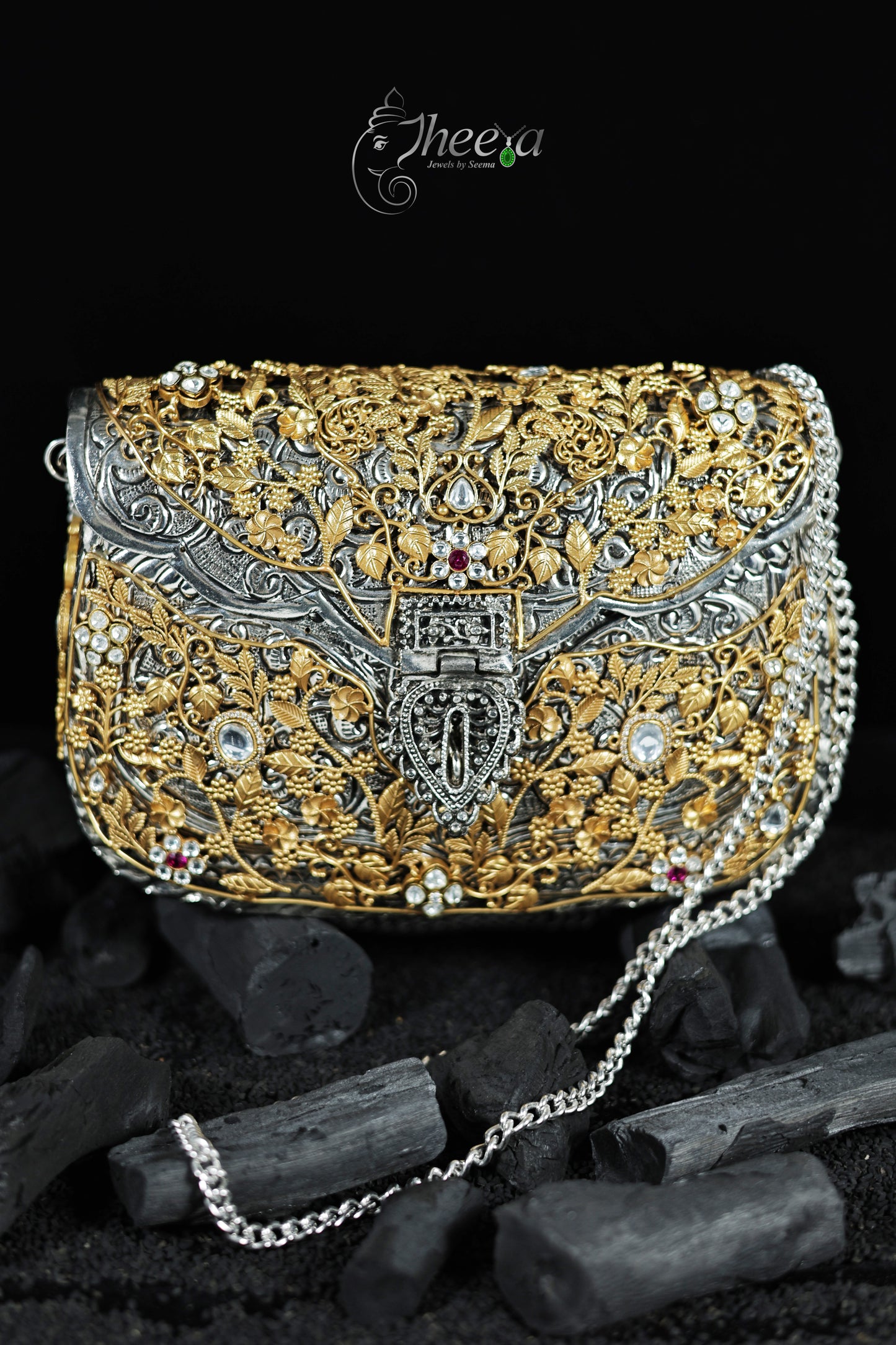 Royal Bag with gold plated carving with floral moissanites