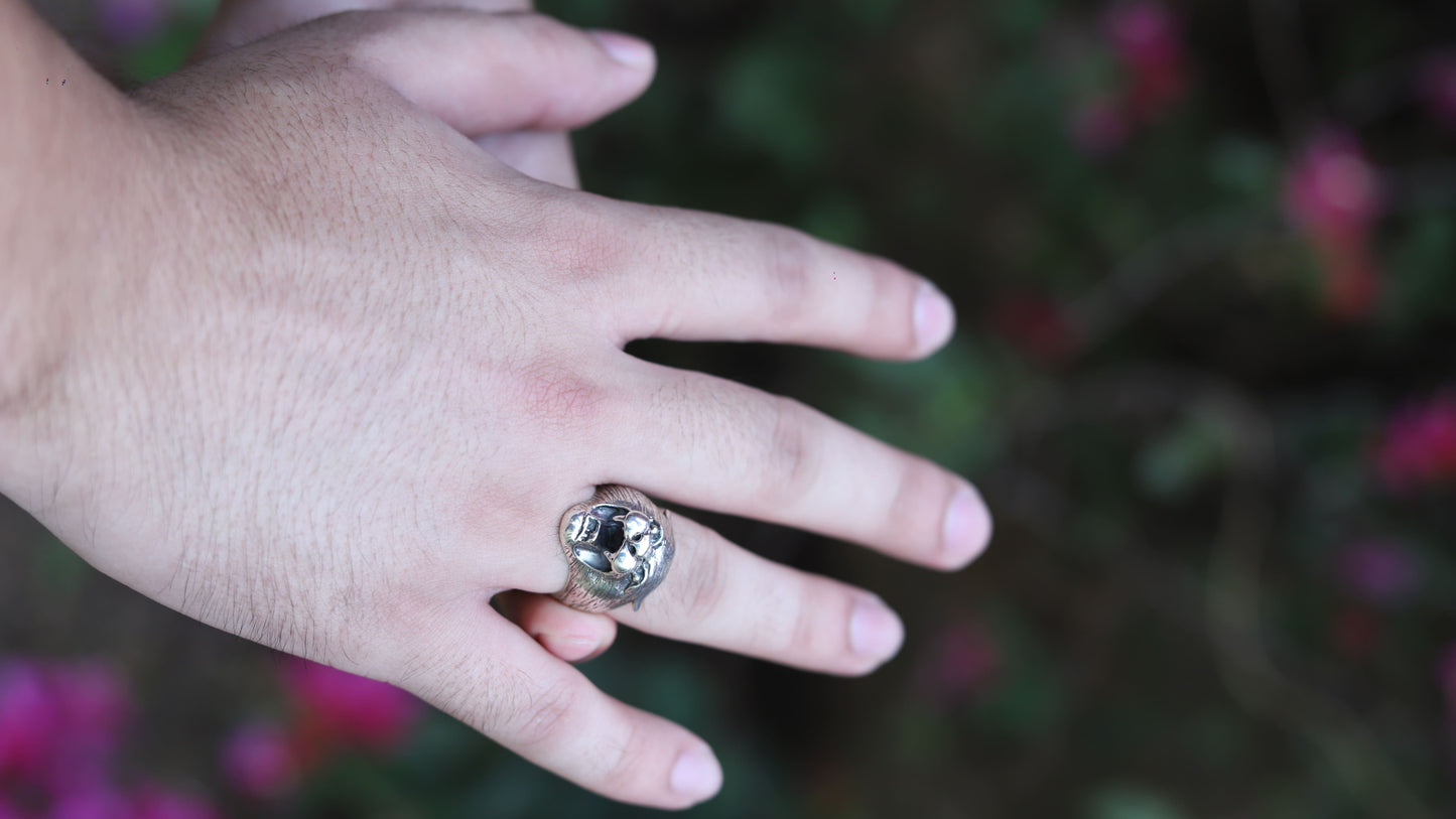 A close-up of a hand wearing a large silver-toned ring with a prominent clear faceted gemstone, set against a blurred dark green and pink outdoor background.