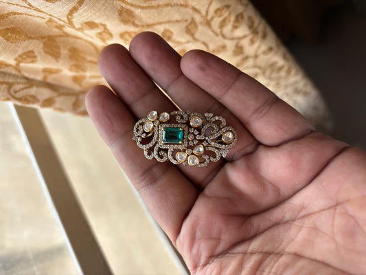 Sitara Green Stone Brooch worn by a model showcasing scale and Brooch design.