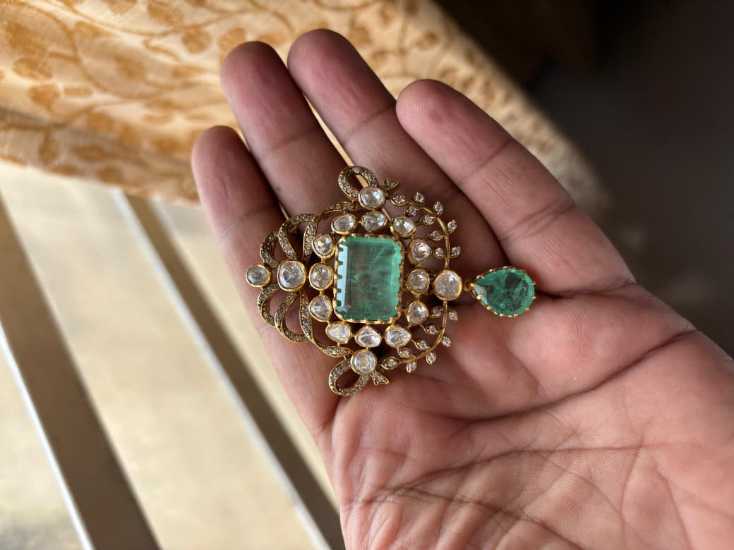 Maharani Mint Green Brooch worn by a model showcasing scale and Brooch design.