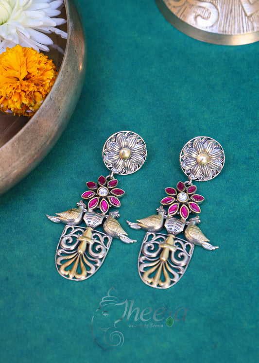 Dual tone twin bird earrings