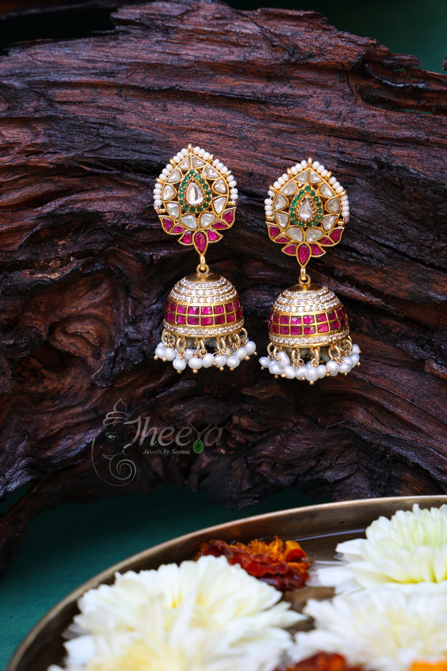 Pink Kundan Jhumkas with pearls