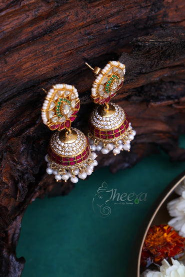 Pink Kundan Jhumkas with pearls