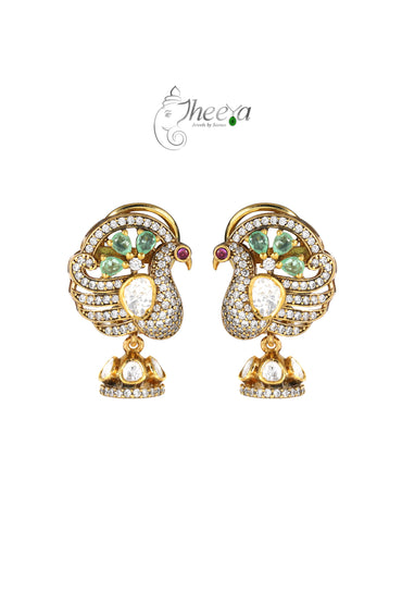 Ratnavali Mint peacock Jhumka with moissanaite