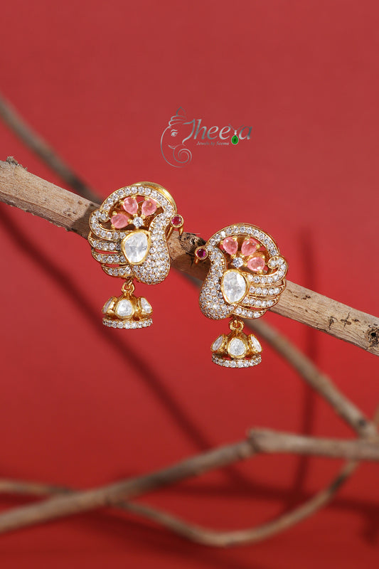 Ratnavali Pink peacock Jhumka with moissanaite