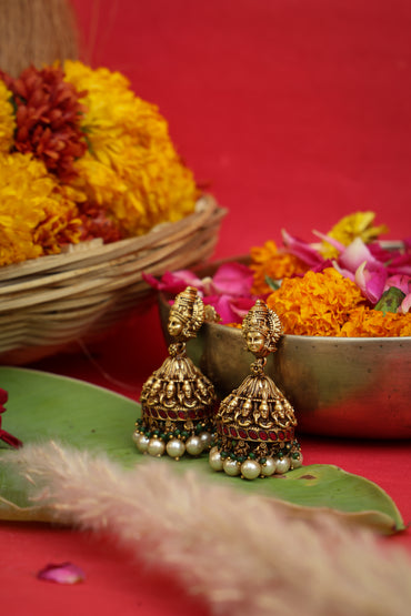 Close-up detailing of Shivanjali Antique Nakshi Jhumkas highlighting Nakshi, Antique craftsmanship.