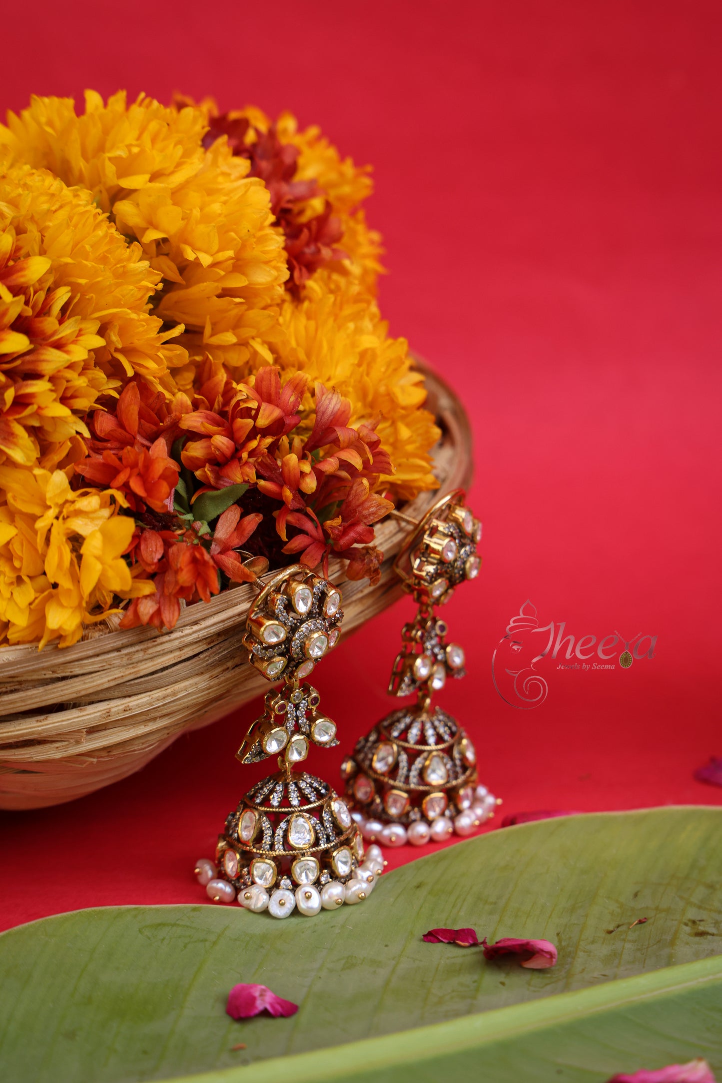 Noor Jhumka White Moissanite worn by a model showcasing scale and Earrings design.