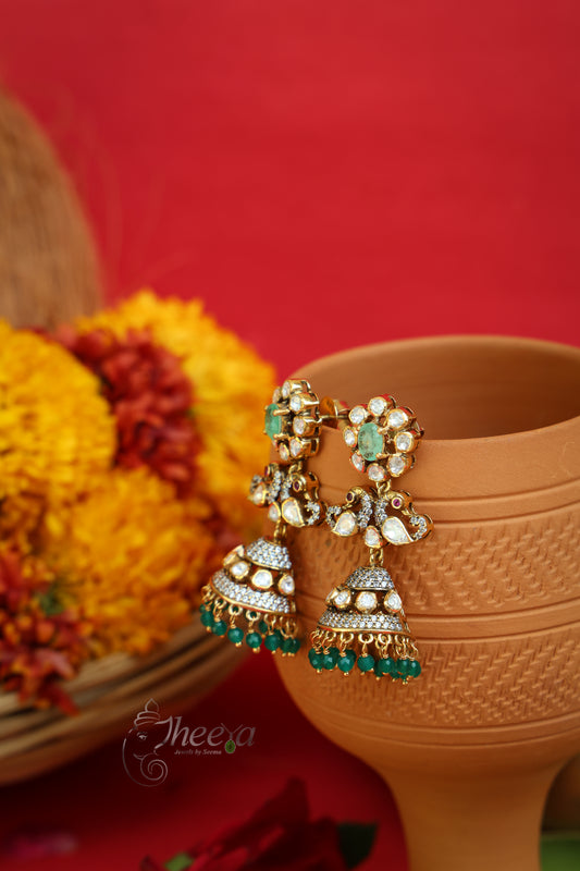 Jiya Studs Mint Flower Jhumkas worn by a model showcasing scale and Earrings design.