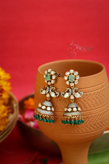 Close-up detailing of Jiya Studs Mint Flower Jhumkas highlighting Moissanite craftsmanship.