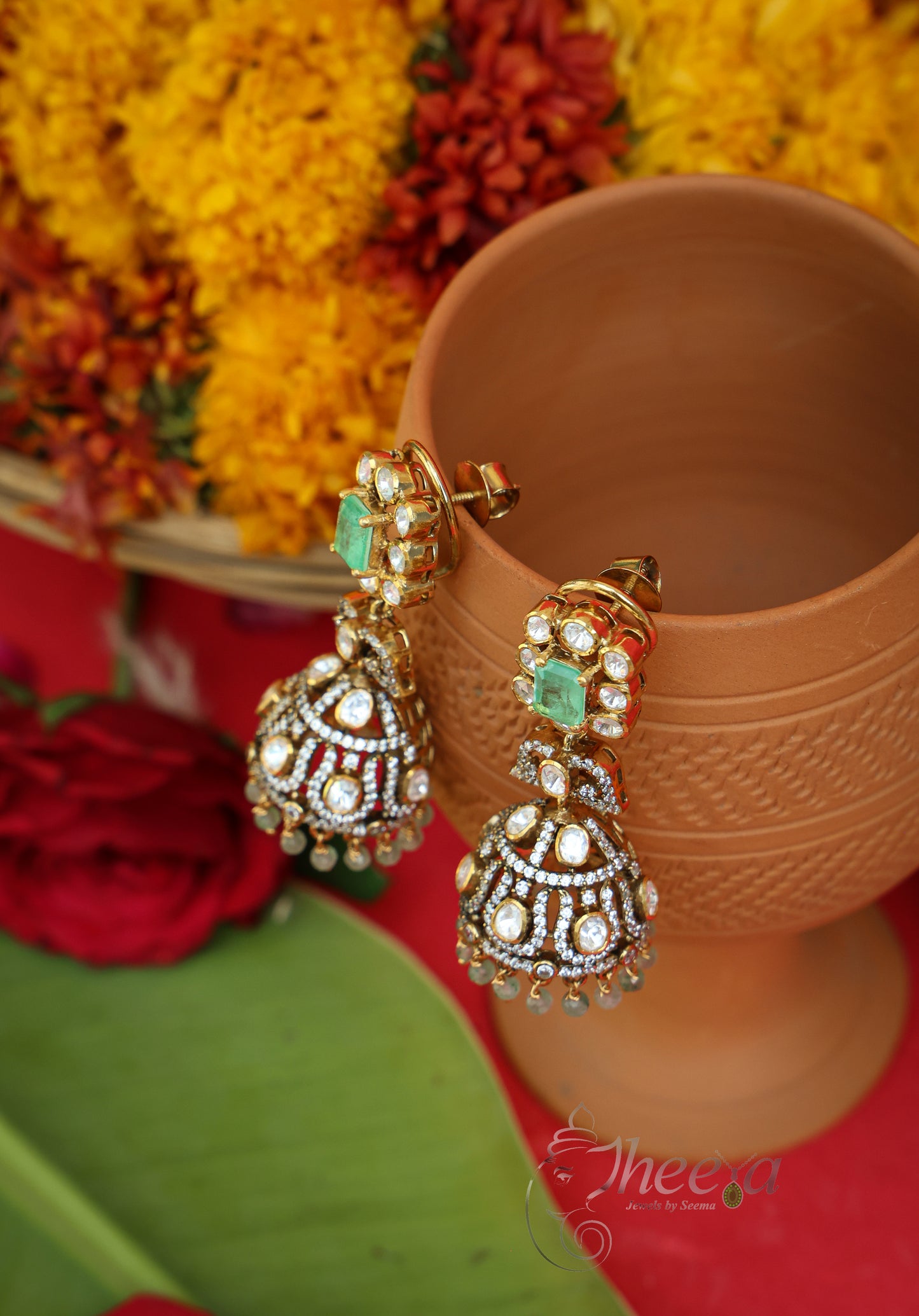 Afsana Spark Mint Square Jhumka worn by a model showcasing scale and Earrings design.