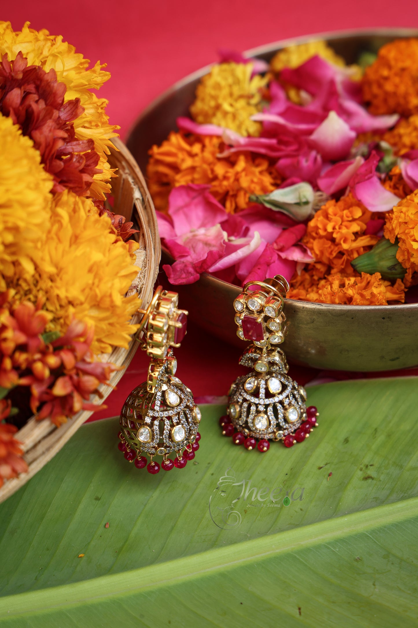 Begum Jhumkas Red Square Design worn by a model showcasing scale and Earrings design.