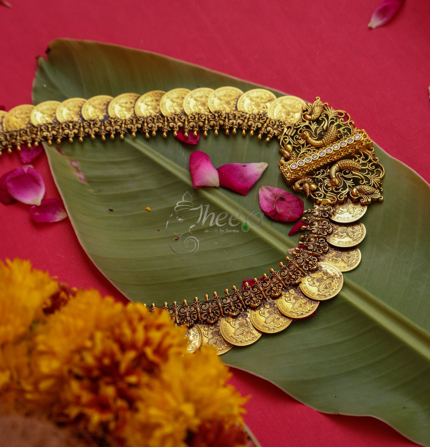 Temple Vilasam Long Kaasu Mala worn by a model showcasing scale and Necklace design.