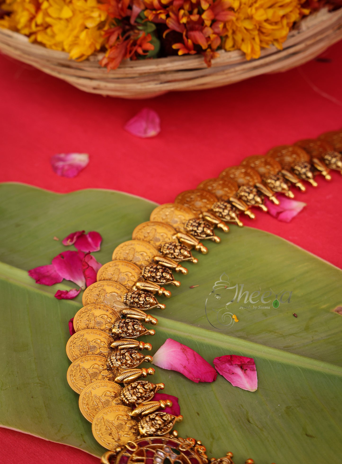 Temple Vilasam Long Kaasu Mala worn by a model showcasing scale and Necklace design.