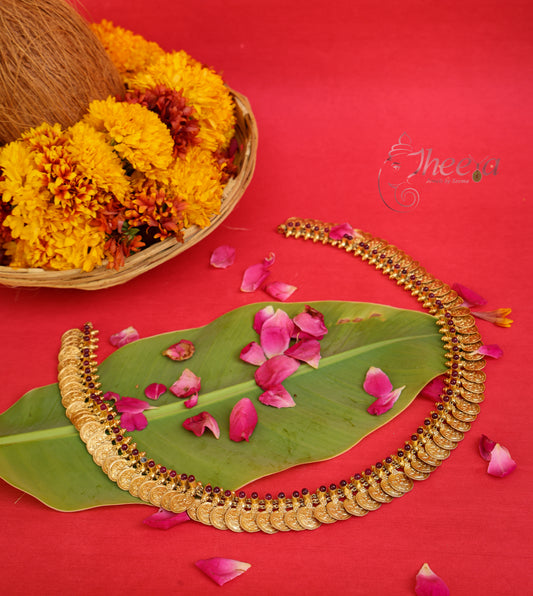 Mahalakshmi Haram Kaasu Mala in Pure Silver, front view.