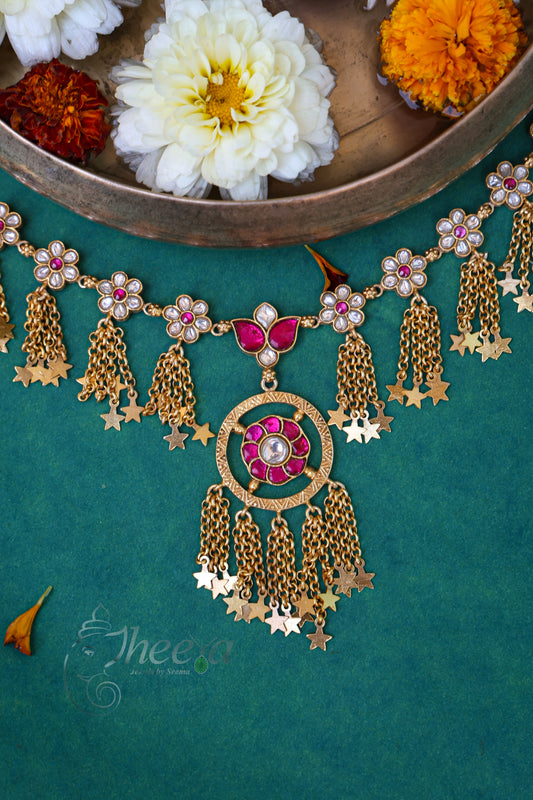 red and white kundan necklace set with bird earrings