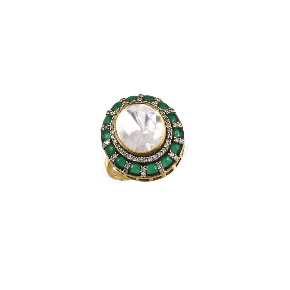 Big Moissanite with Green Kundan Ring image 3