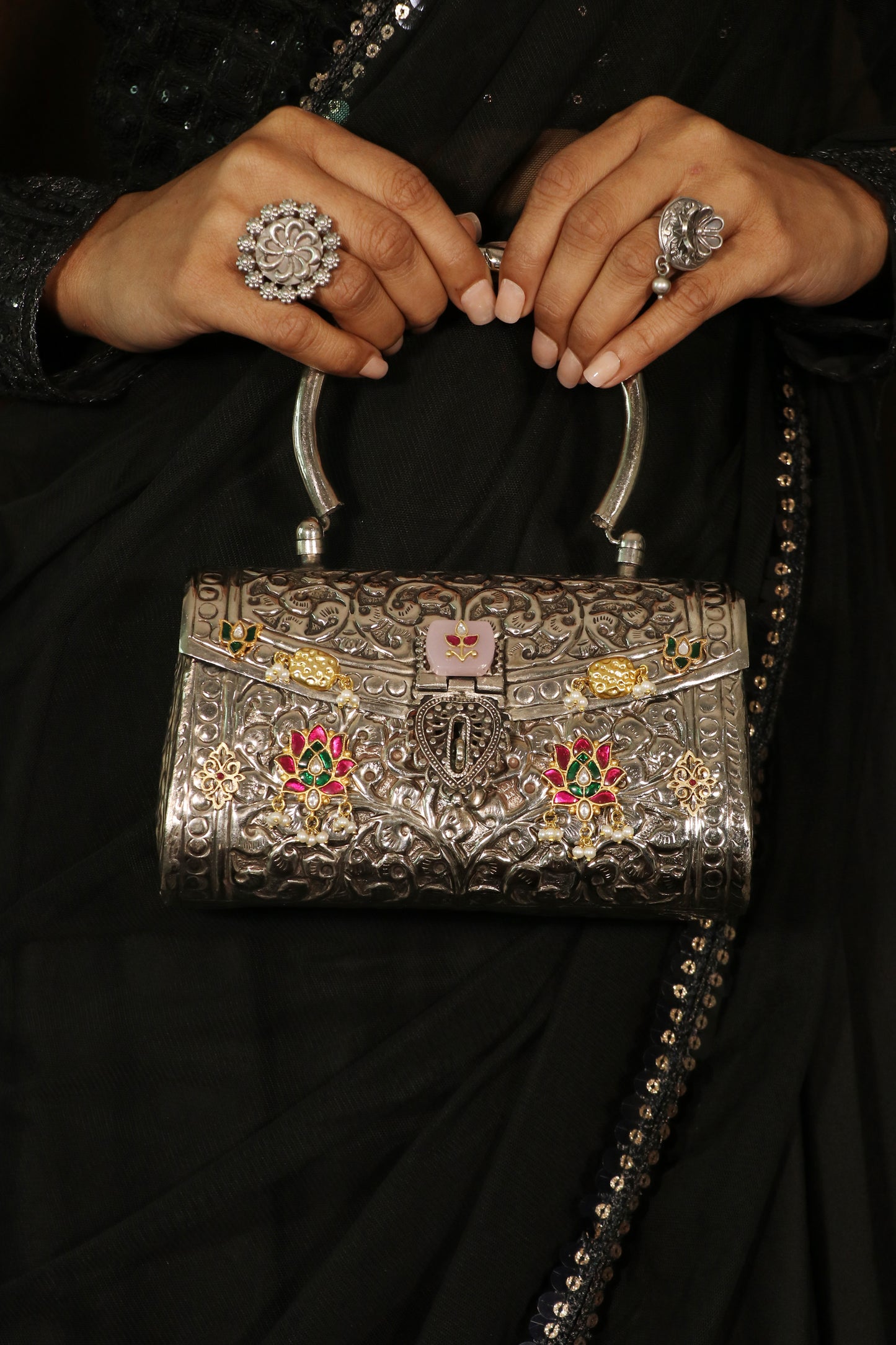 Silver Finish bag with Rose quartz image 0