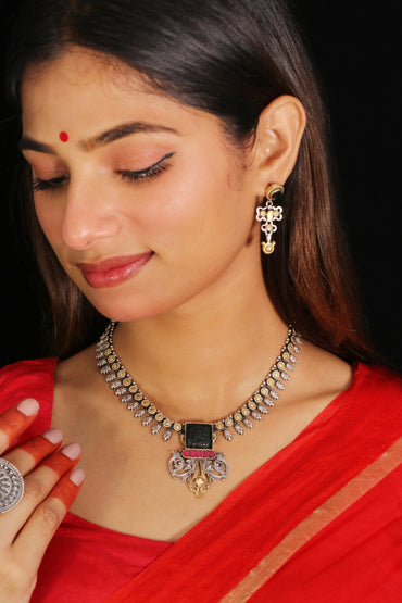 Riwaayat green onyx dual tone necklace set image 1