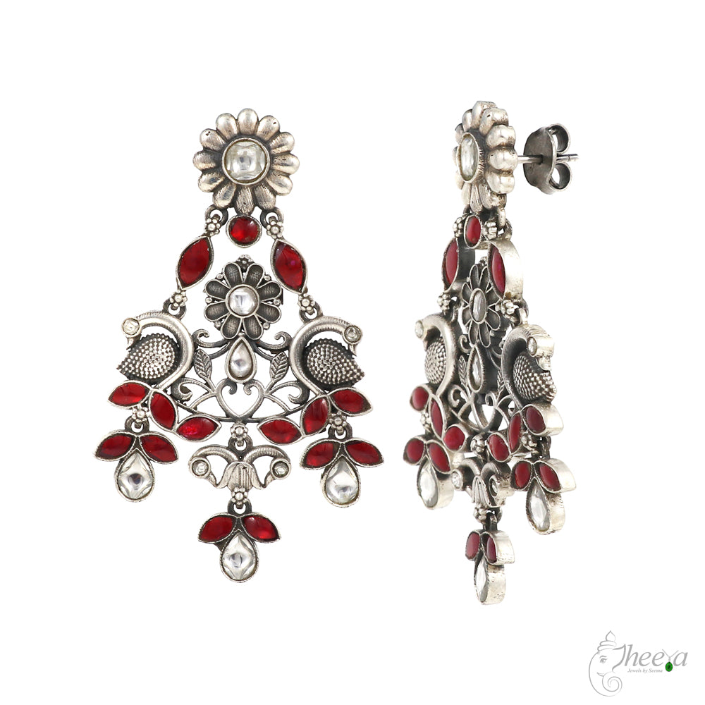 Red and White Kundan Peacock Dangling Earrings image 2