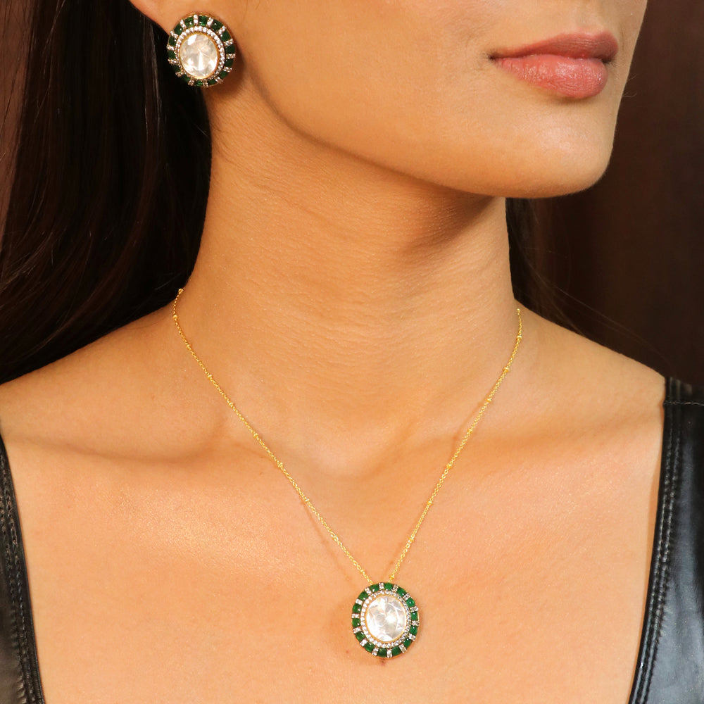 Big Moissanite with Green Kundan Set image 0