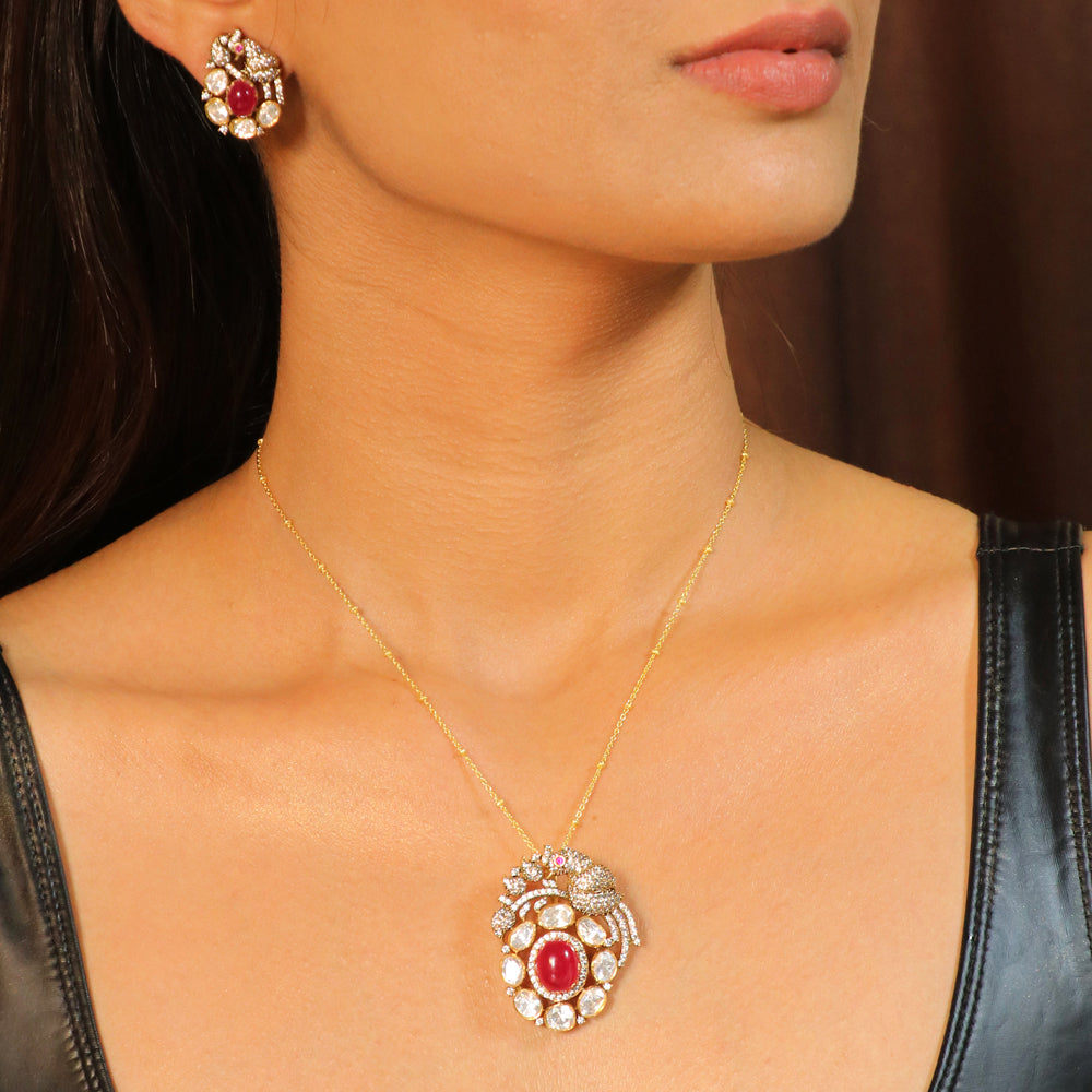 Red Stone with Moissanite Bird Pendant Set image 0