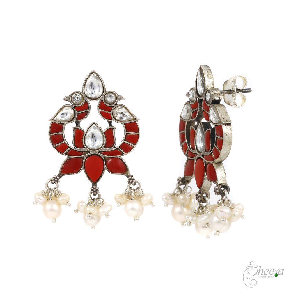 Coral and Pearls Bird Earrings image 2