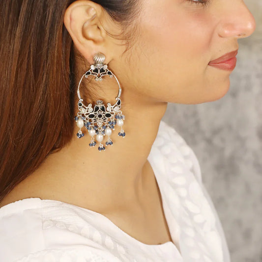 Blue and White Dangler with Pearl Drops Earrings image 0