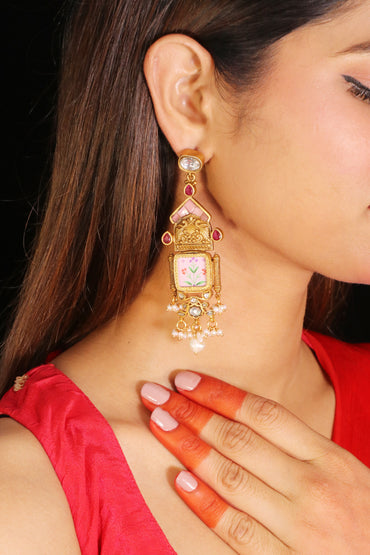 Meheriya Pink handpainted kundan earrings image 1