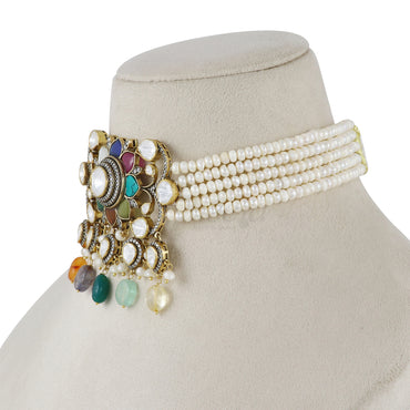 Navaratan Choker Set with Moissanite and Pearls image 1