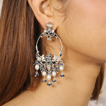 Blue and White Dangler with Pearl Drops Earrings image 1
